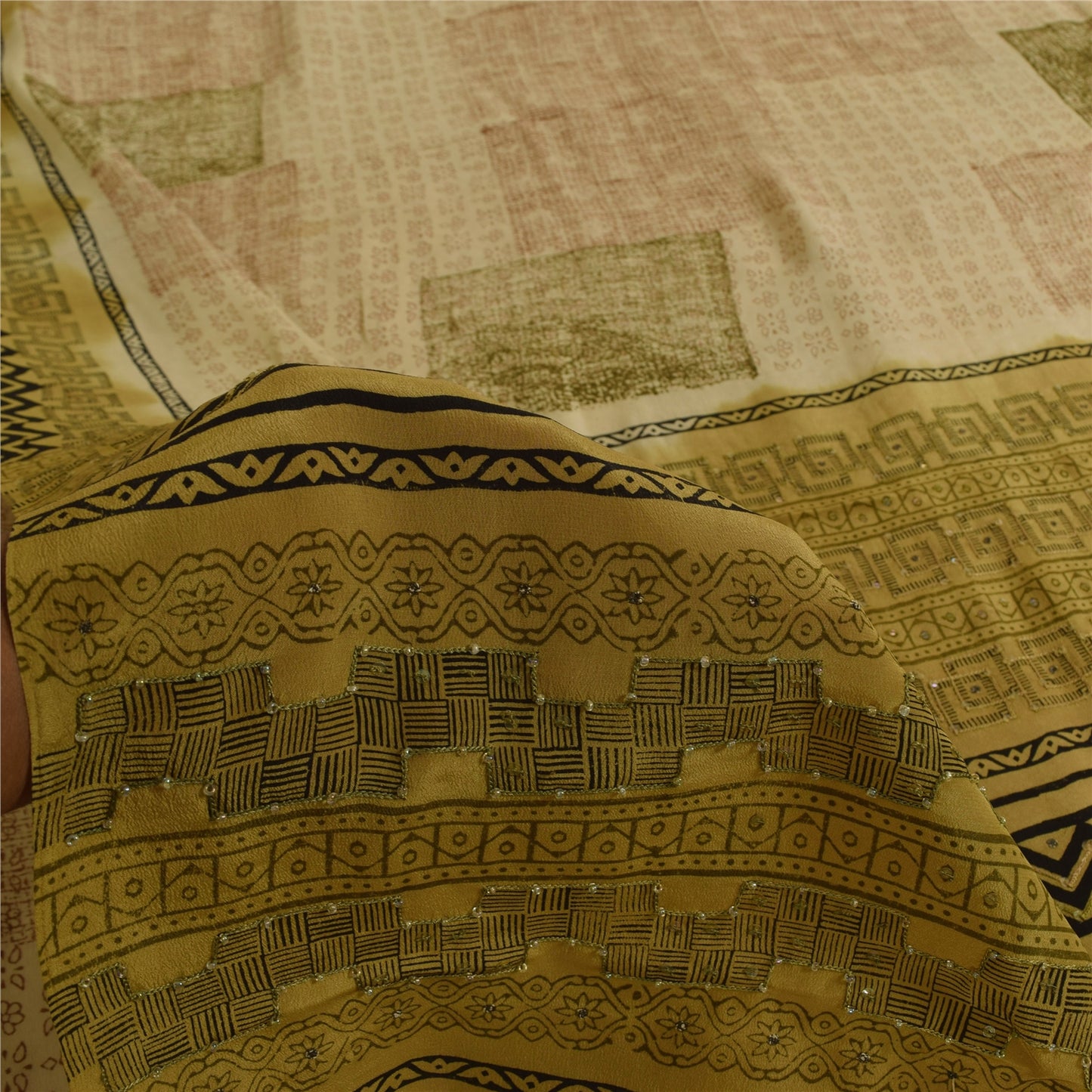 Sanskriti Vintage Saree Cream 100%Pure Crepe Silk Floral Printed Sari 5Yd Fabric