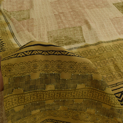 Sanskriti Vintage Saree Cream 100%Pure Crepe Silk Floral Printed Sari 5Yd Fabric