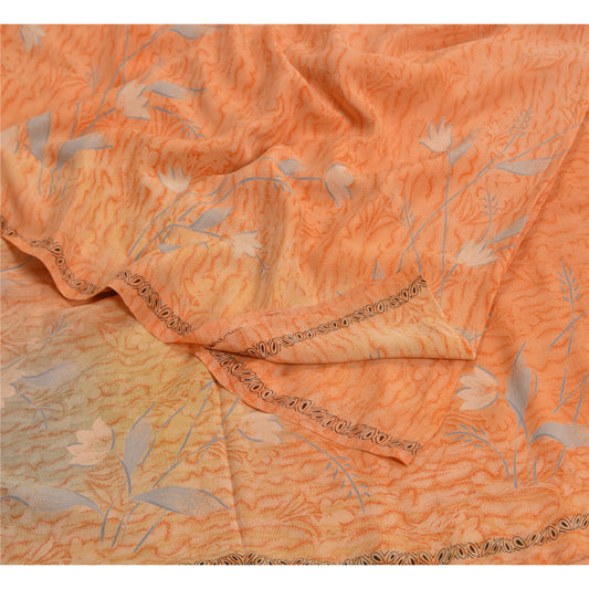 Sanskriti Vintage Saree Peach Pure Crepe Silk Abstract Print Sari 5.5+YD Fabric