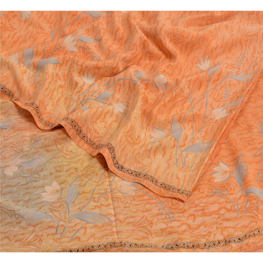 Sanskriti Vintage Saree Peach Pure Crepe Silk Abstract Print Sari 5.5+YD Fabric