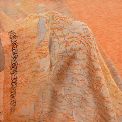 Sanskriti Vintage Saree Peach Pure Crepe Silk Abstract Print Sari 5.5+YD Fabric