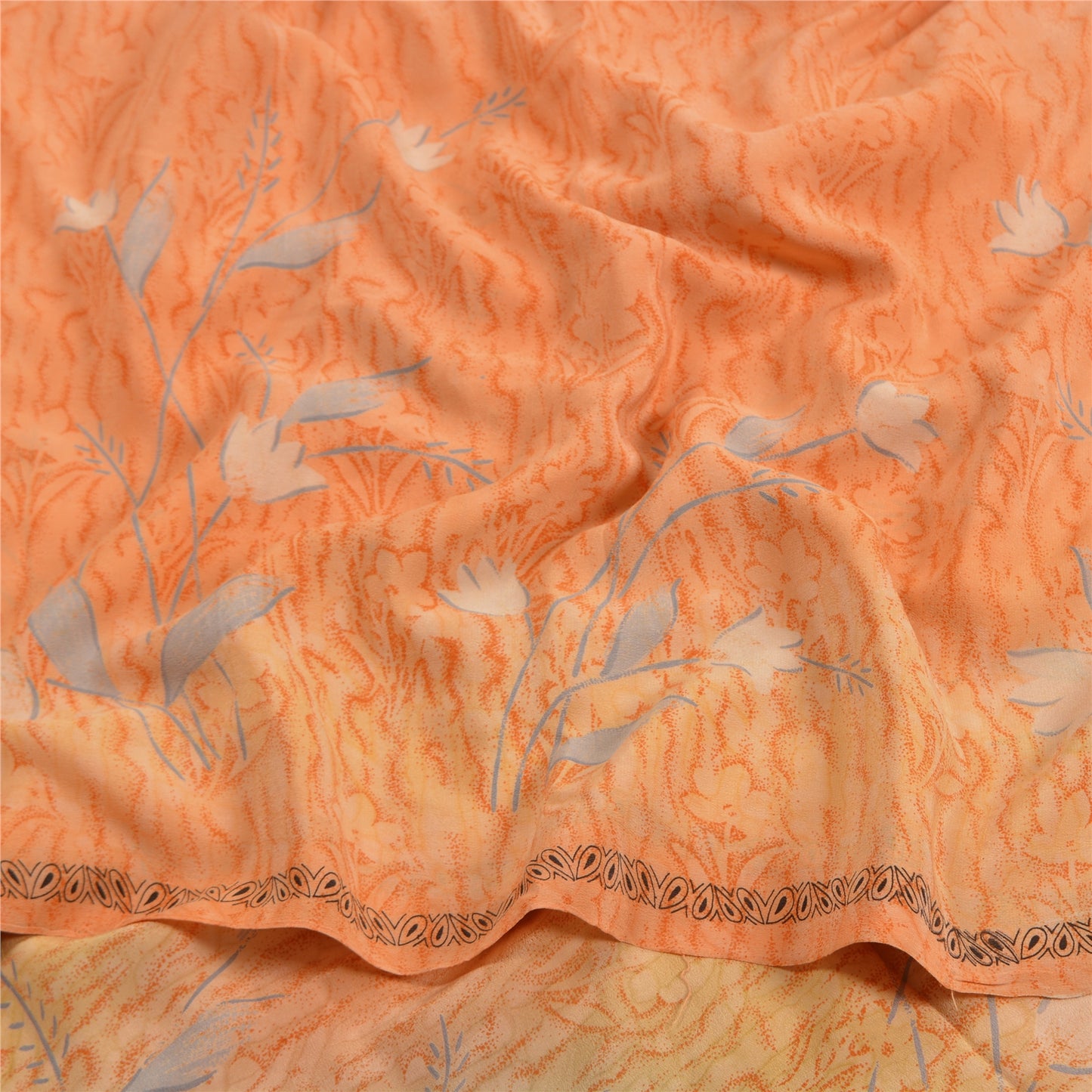 Sanskriti Vintage Saree Peach Pure Crepe Silk Abstract Print Sari 5.5+YD Fabric