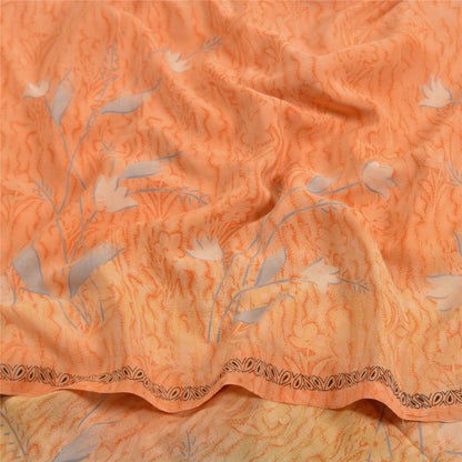 Sanskriti Vintage Saree Peach Pure Crepe Silk Abstract Print Sari 5.5+YD Fabric