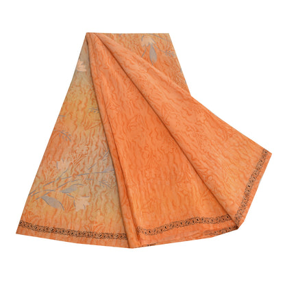 Sanskriti Vintage Saree Peach Pure Crepe Silk Abstract Print Sari 5.5+YD Fabric
