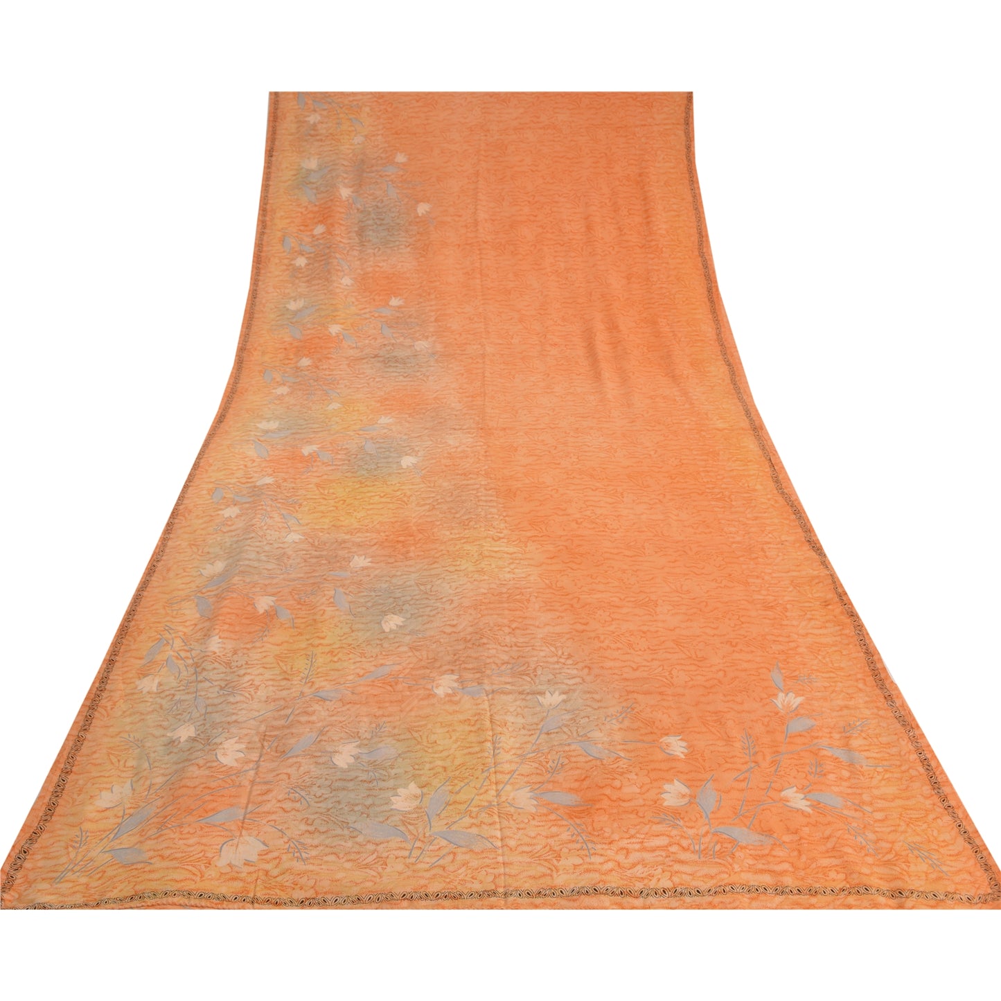 Sanskriti Vintage Saree Peach Pure Crepe Silk Abstract Print Sari 5.5+YD Fabric
