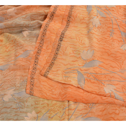 Sanskriti Vintage Saree Peach Pure Crepe Silk Abstract Print Sari 5.5+YD Fabric