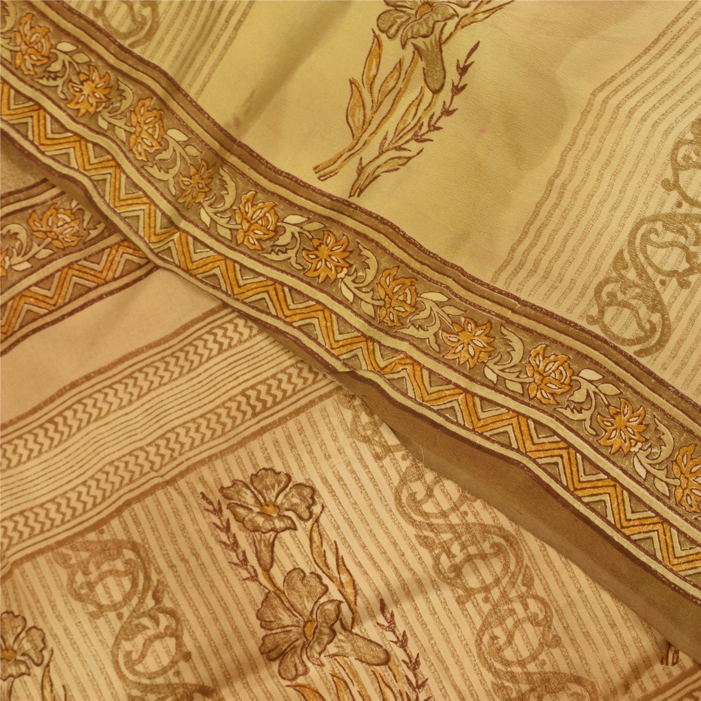 Sanskriti Vintage Cream Sarees 100% Pure Crepe Silk Printed Sari Craft Fabric