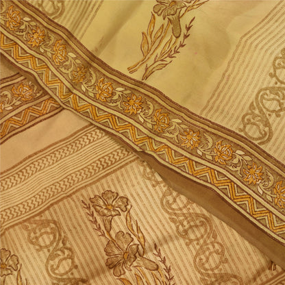 Sanskriti Vintage Cream Sarees 100% Pure Crepe Silk Printed Sari Craft Fabric