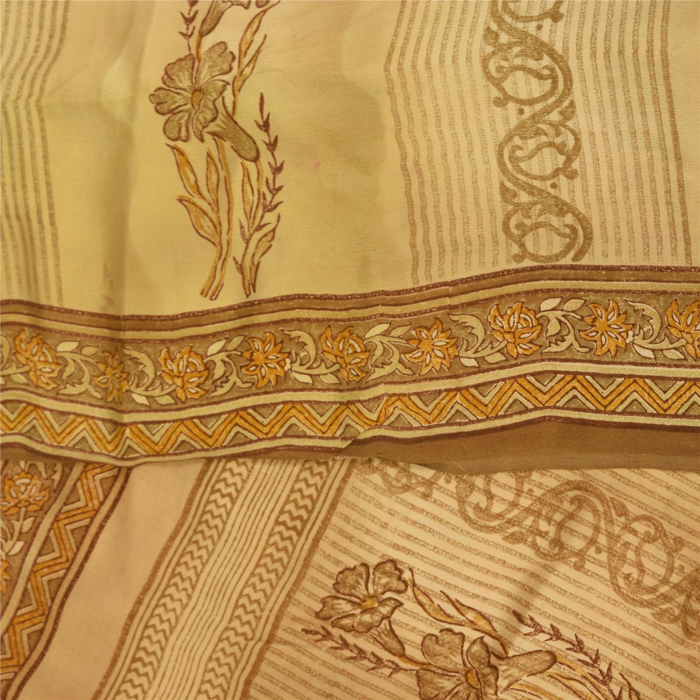 Sanskriti Vintage Cream Sarees 100% Pure Crepe Silk Printed Sari Craft Fabric