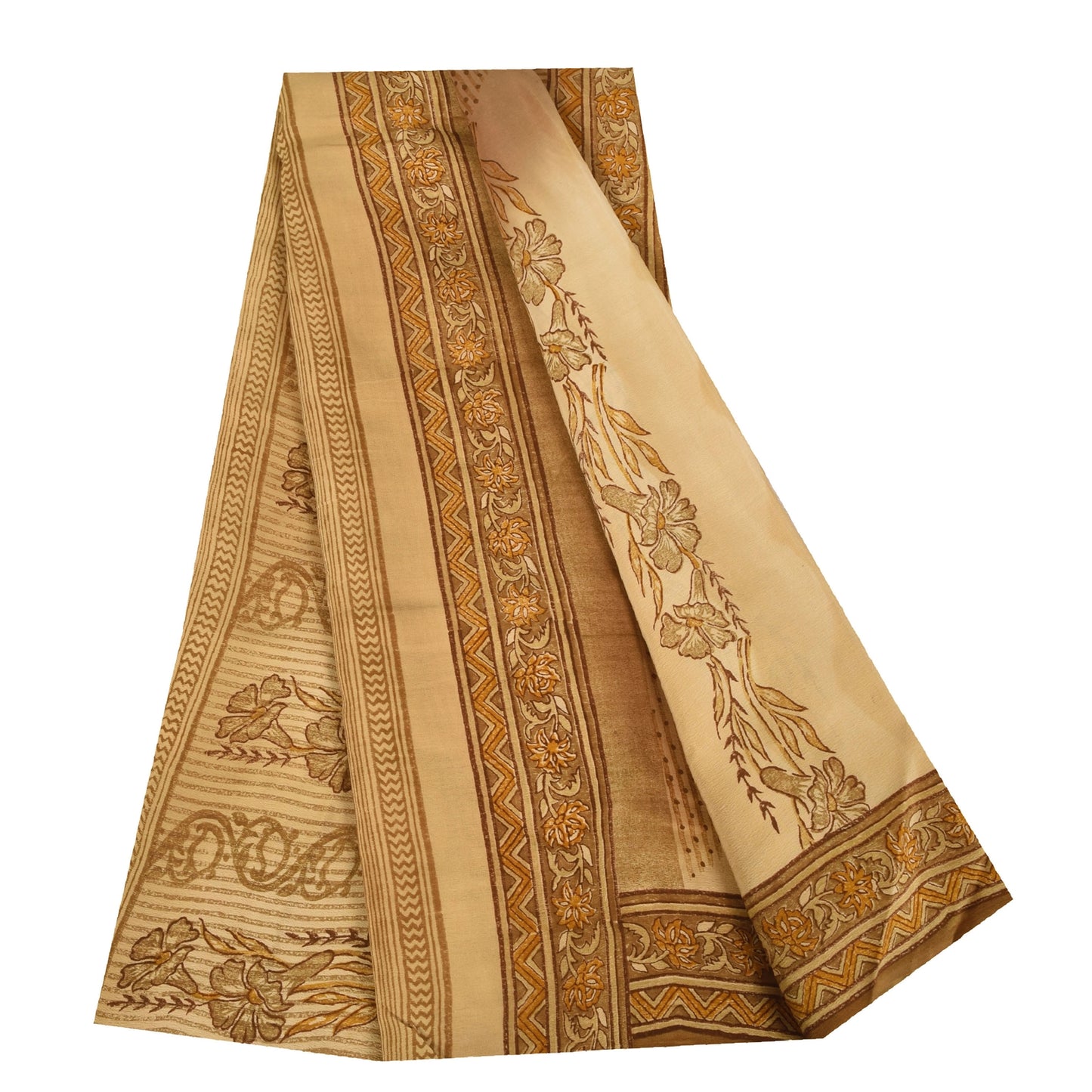 Sanskriti Vintage Cream Sarees 100% Pure Crepe Silk Printed Sari Craft Fabric