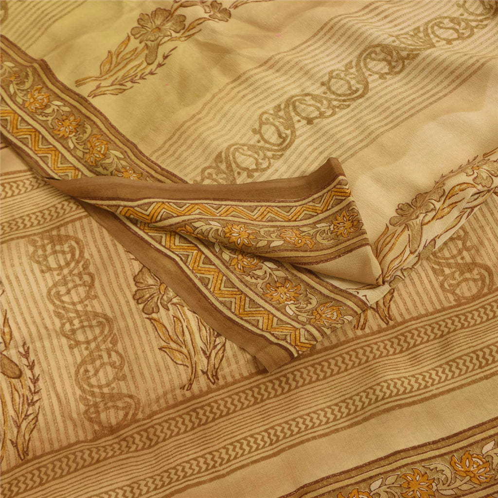 Sanskriti Vintage Cream Sarees 100% Pure Crepe Silk Printed Sari Craft Fabric