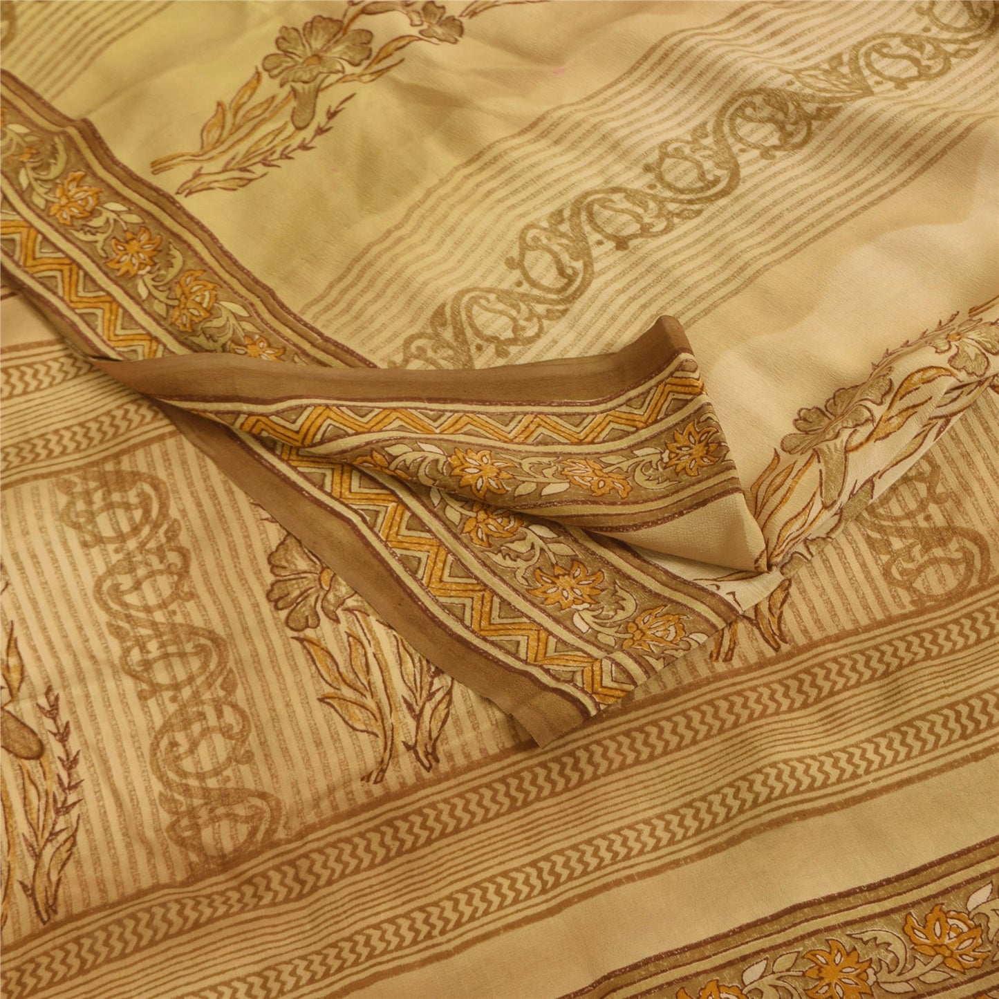 Sanskriti Vintage Cream Sarees 100% Pure Crepe Silk Printed Sari Craft Fabric