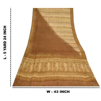 Sanskriti Vintage Cream Sarees 100% Pure Crepe Silk Printed Sari Craft Fabric