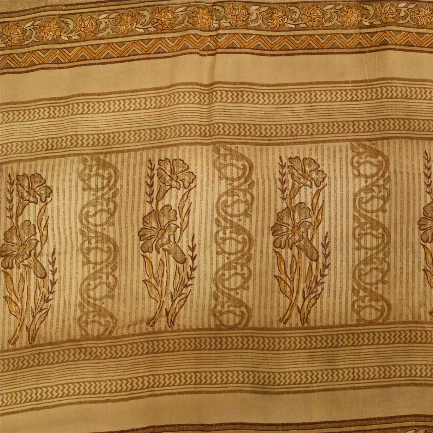 Sanskriti Vintage Cream Sarees 100% Pure Crepe Silk Printed Sari Craft Fabric