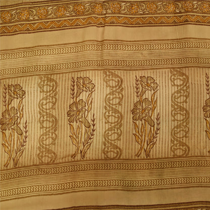 Sanskriti Vintage Cream Sarees 100% Pure Crepe Silk Printed Sari Craft Fabric