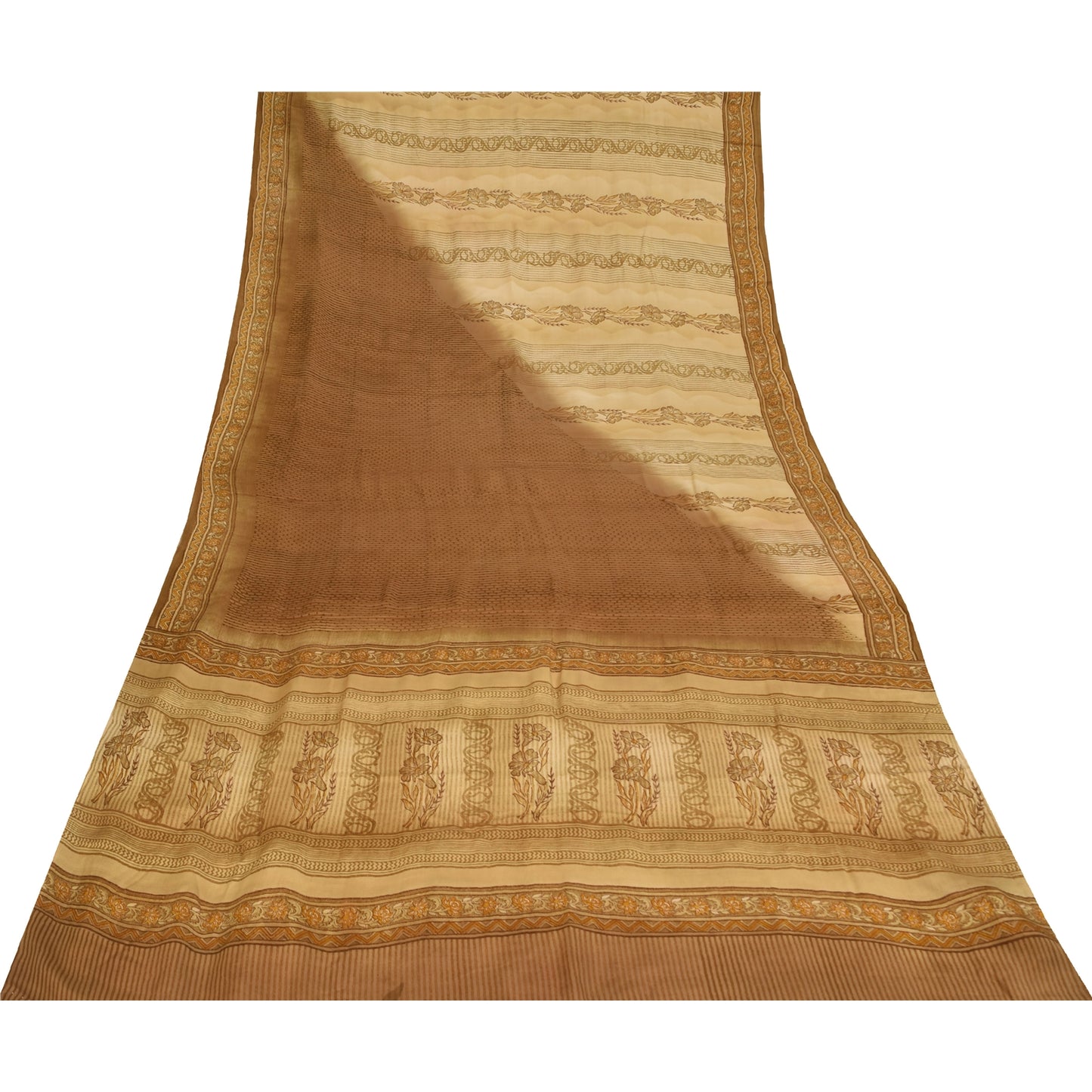 Sanskriti Vintage Cream Sarees 100% Pure Crepe Silk Printed Sari Craft Fabric