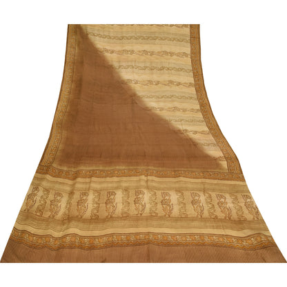 Sanskriti Vintage Cream Sarees 100% Pure Crepe Silk Printed Sari Craft Fabric