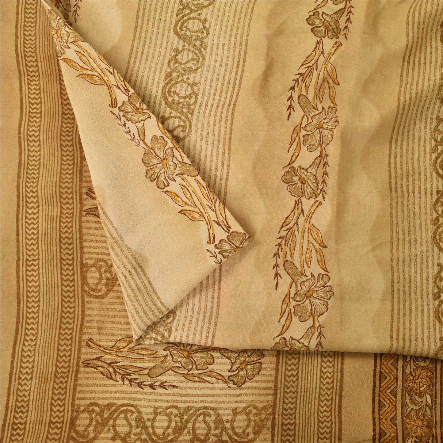 Sanskriti Vintage Cream Sarees 100% Pure Crepe Silk Printed Sari Craft Fabric