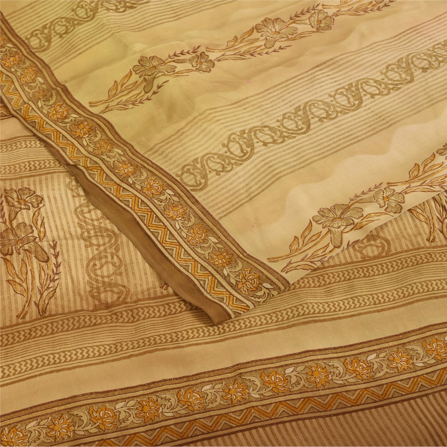 Sanskriti Vintage Cream Sarees 100% Pure Crepe Silk Printed Sari Craft Fabric