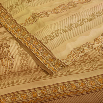 Sanskriti Vintage Cream Sarees 100% Pure Crepe Silk Printed Sari Craft Fabric