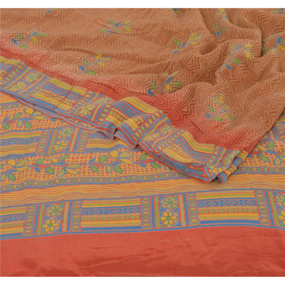 Sanskriti Vintage Brown Sarees Pure Crepe Silk Printed Sari Craft 5 Yard Fabric