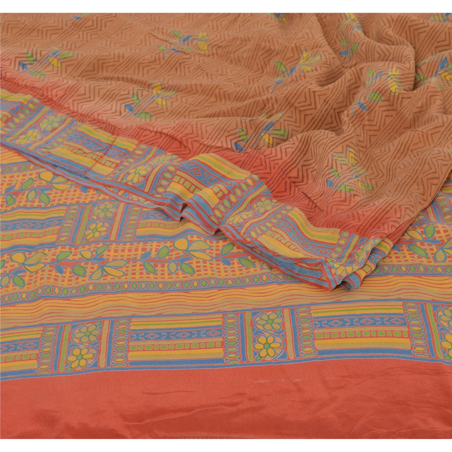 Sanskriti Vintage Brown Sarees Pure Crepe Silk Printed Sari Craft 5 Yard Fabric