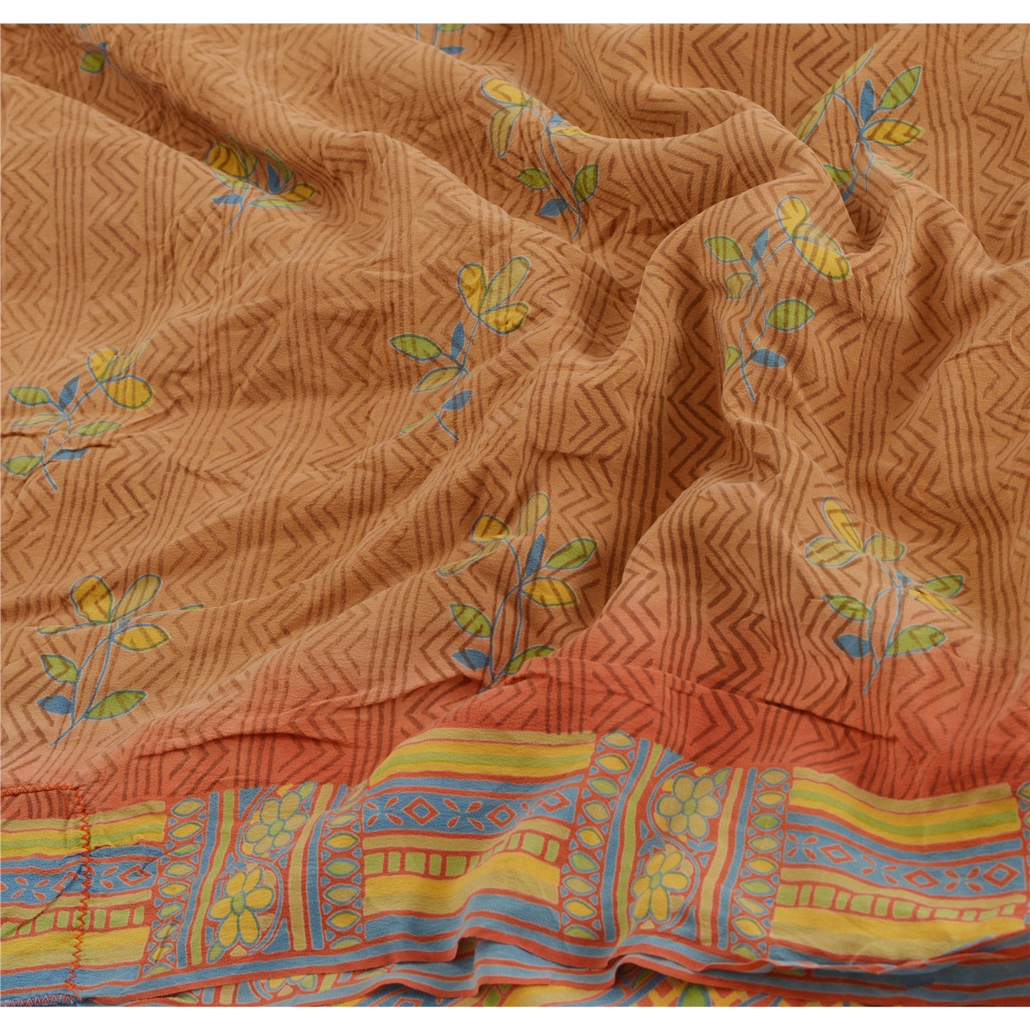 Sanskriti Vintage Brown Sarees Pure Crepe Silk Printed Sari Craft 5 Yard Fabric