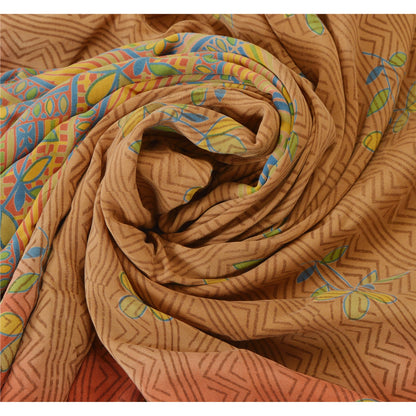 Sanskriti Vintage Brown Sarees Pure Crepe Silk Printed Sari Craft 5 Yard Fabric