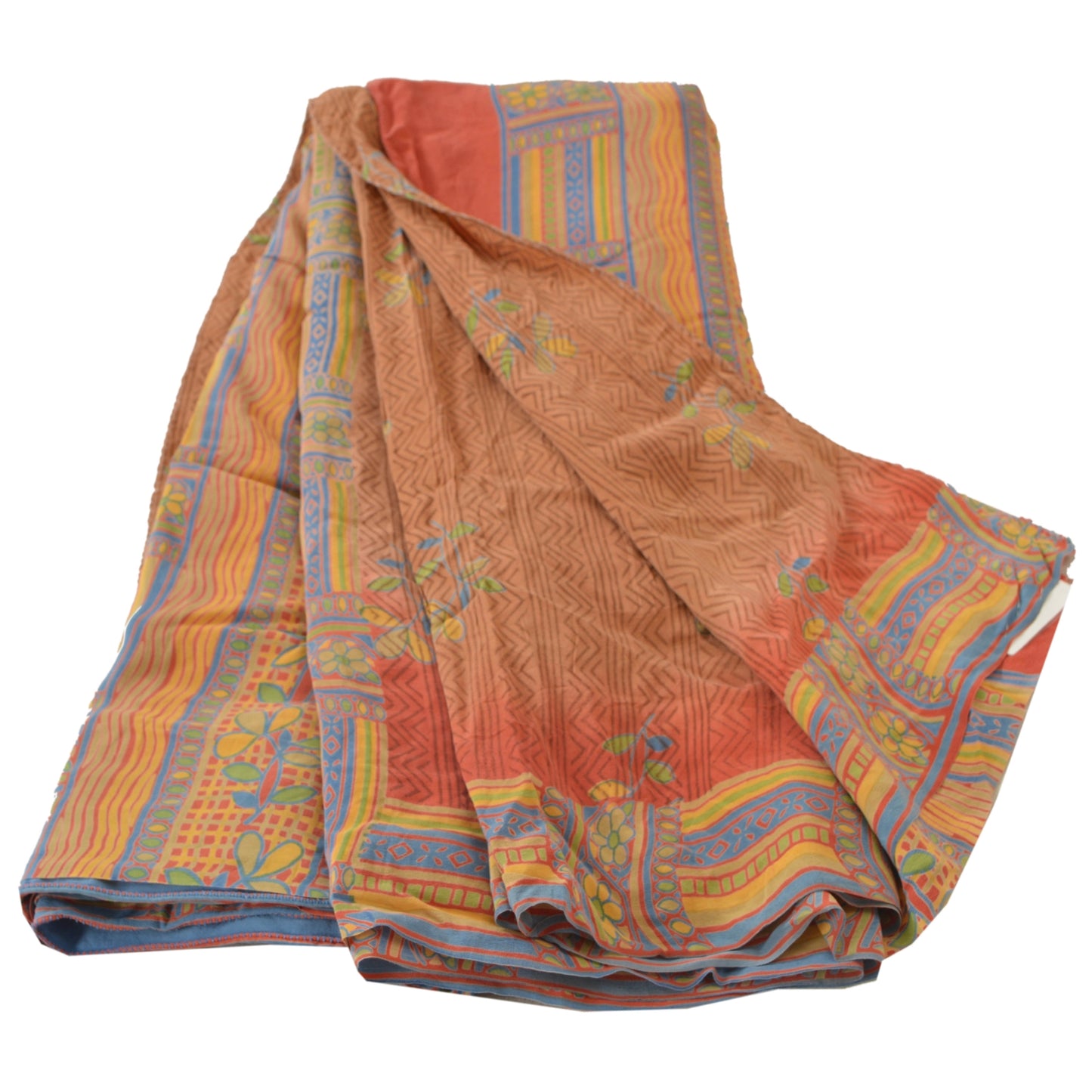 Sanskriti Vintage Brown Sarees Pure Crepe Silk Printed Sari Craft 5 Yard Fabric