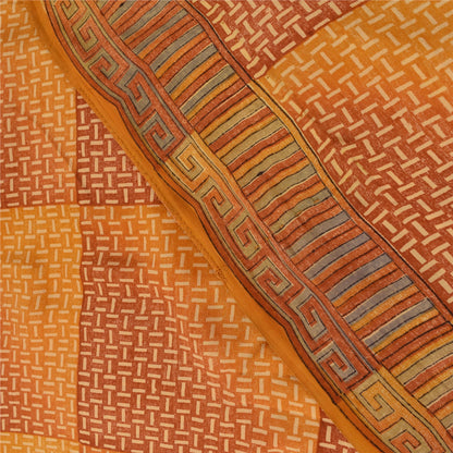 Sanskriti Vintage Saffron Sarees 100% Pure Crepe Silk Printed Sari Craft Fabric