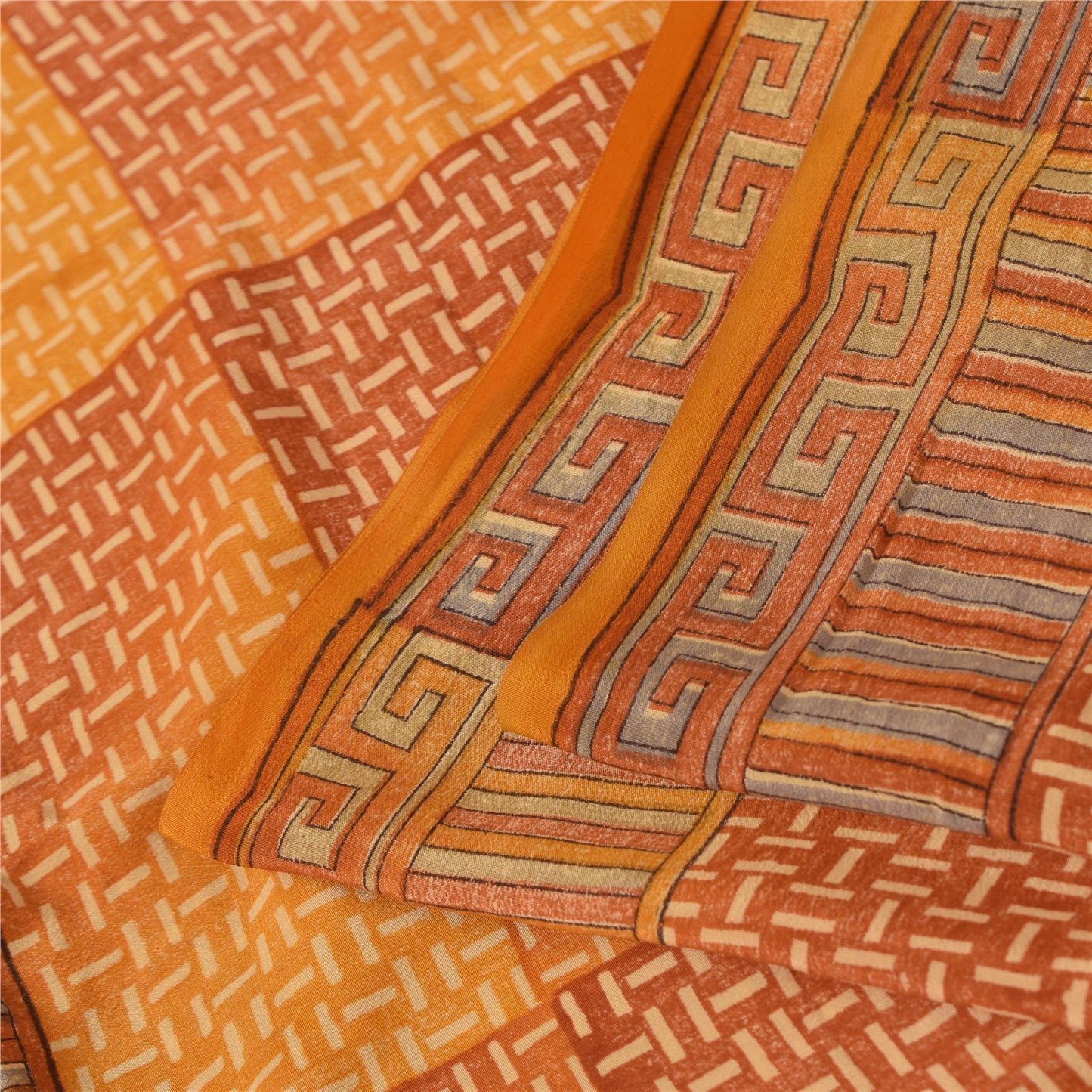 Sanskriti Vintage Saffron Sarees 100% Pure Crepe Silk Printed Sari Craft Fabric