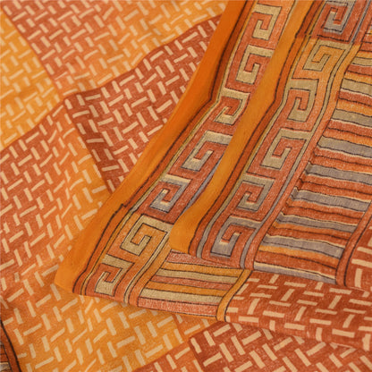 Sanskriti Vintage Saffron Sarees 100% Pure Crepe Silk Printed Sari Craft Fabric