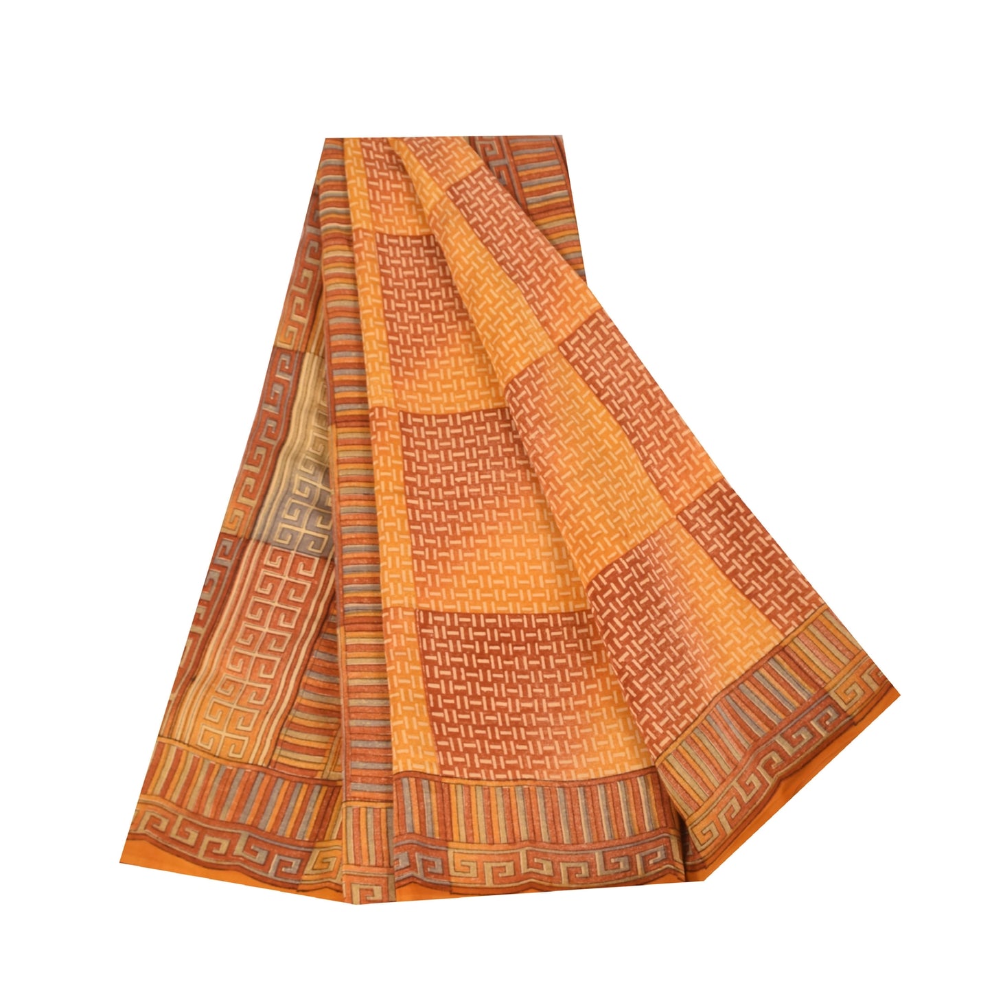 Sanskriti Vintage Saffron Sarees 100% Pure Crepe Silk Printed Sari Craft Fabric