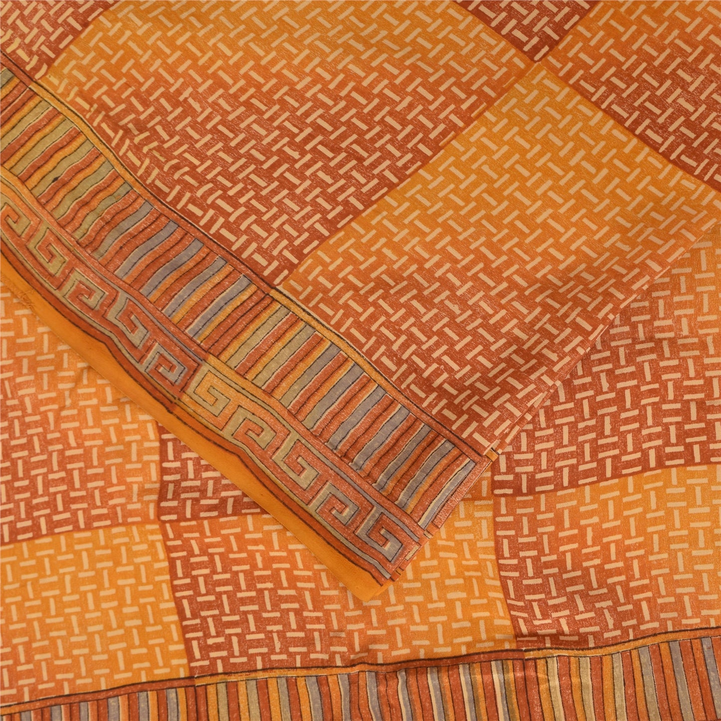 Sanskriti Vintage Saffron Sarees 100% Pure Crepe Silk Printed Sari Craft Fabric