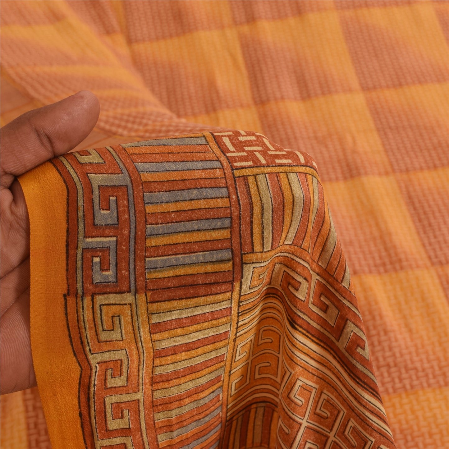 Sanskriti Vintage Saffron Sarees 100% Pure Crepe Silk Printed Sari Craft Fabric