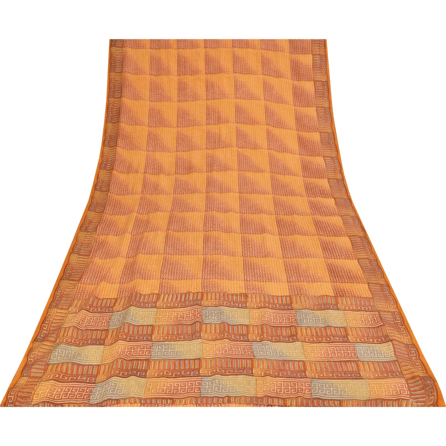 Sanskriti Vintage Saffron Sarees 100% Pure Crepe Silk Printed Sari Craft Fabric