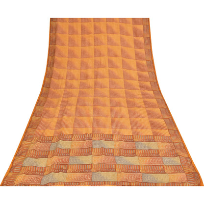 Sanskriti Vintage Saffron Sarees 100% Pure Crepe Silk Printed Sari Craft Fabric