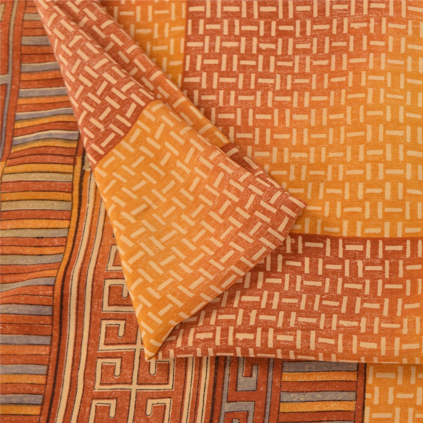 Sanskriti Vintage Saffron Sarees 100% Pure Crepe Silk Printed Sari Craft Fabric