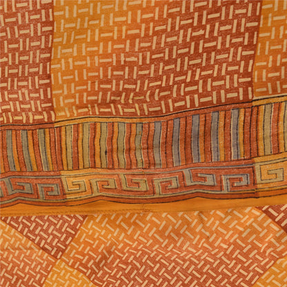 Sanskriti Vintage Saffron Sarees 100% Pure Crepe Silk Printed Sari Craft Fabric