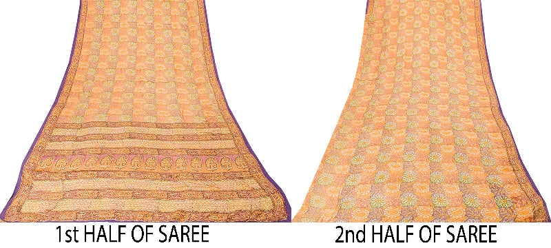 Sanskriti Vintage Sari 100% Ren Crepe Silke Trykt Bæredygtigt Stof 5 Yard Håndlavet Sari