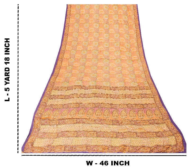 Sanskriti Vintage Sari 100% Ren Crepe Silke Trykt Bæredygtigt Stof 5 Yard Håndlavet Sari