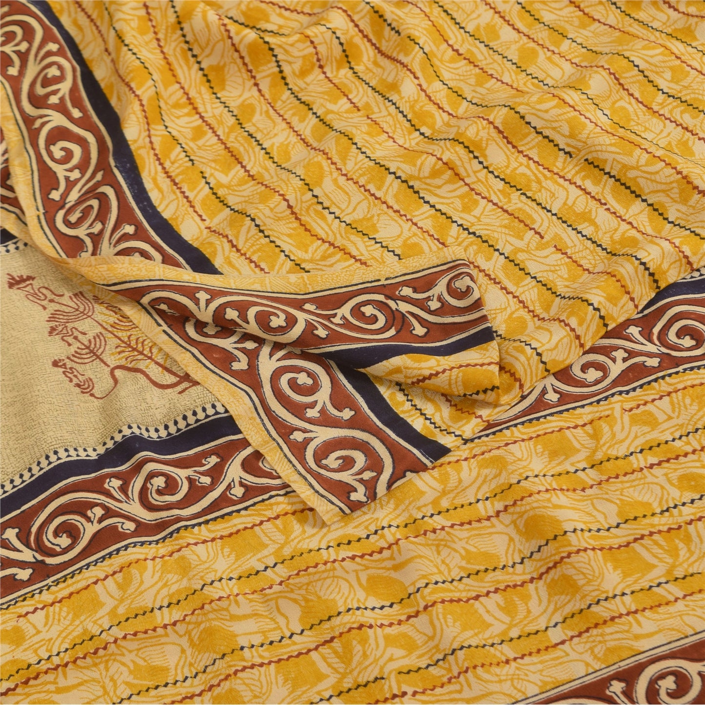 Sanskriti Vintage Saree Yellow Pure Crepe Silk Floral Printed Sari 5.5+Yd Fabric
