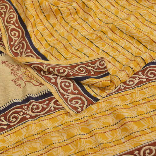 Sanskriti Vintage Saree Yellow Pure Crepe Silk Floral Printed Sari 5.5+Yd Fabric
