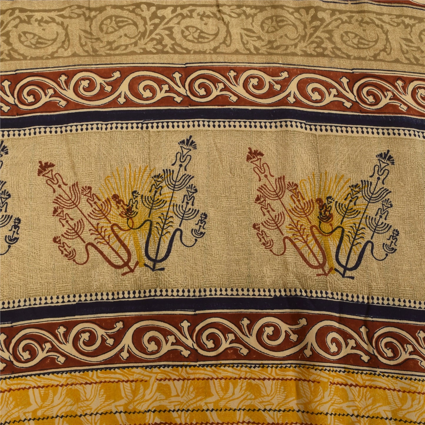 Sanskriti Vintage Saree Yellow Pure Crepe Silk Floral Printed Sari 5.5+Yd Fabric