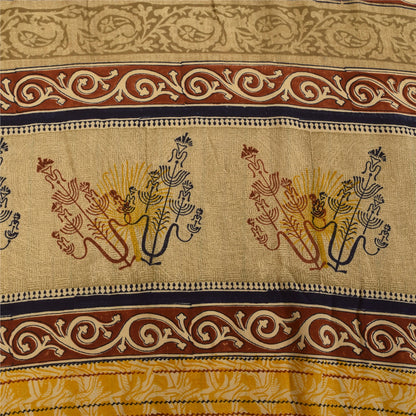 Sanskriti Vintage Saree Yellow Pure Crepe Silk Floral Printed Sari 5.5+Yd Fabric