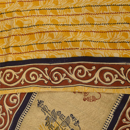 Sanskriti Vintage Saree Yellow Pure Crepe Silk Floral Printed Sari 5.5+Yd Fabric