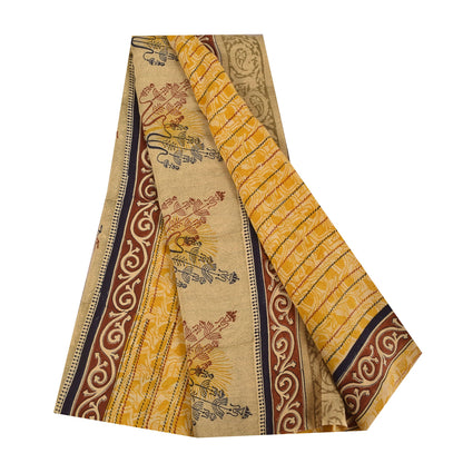 Sanskriti Vintage Saree Yellow Pure Crepe Silk Floral Printed Sari 5.5+Yd Fabric