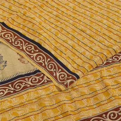 Sanskriti Vintage Saree Yellow Pure Crepe Silk Floral Printed Sari 5.5+Yd Fabric