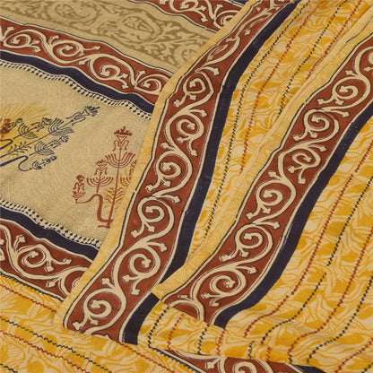 Sanskriti Vintage Saree Yellow Pure Crepe Silk Floral Printed Sari 5.5+Yd Fabric