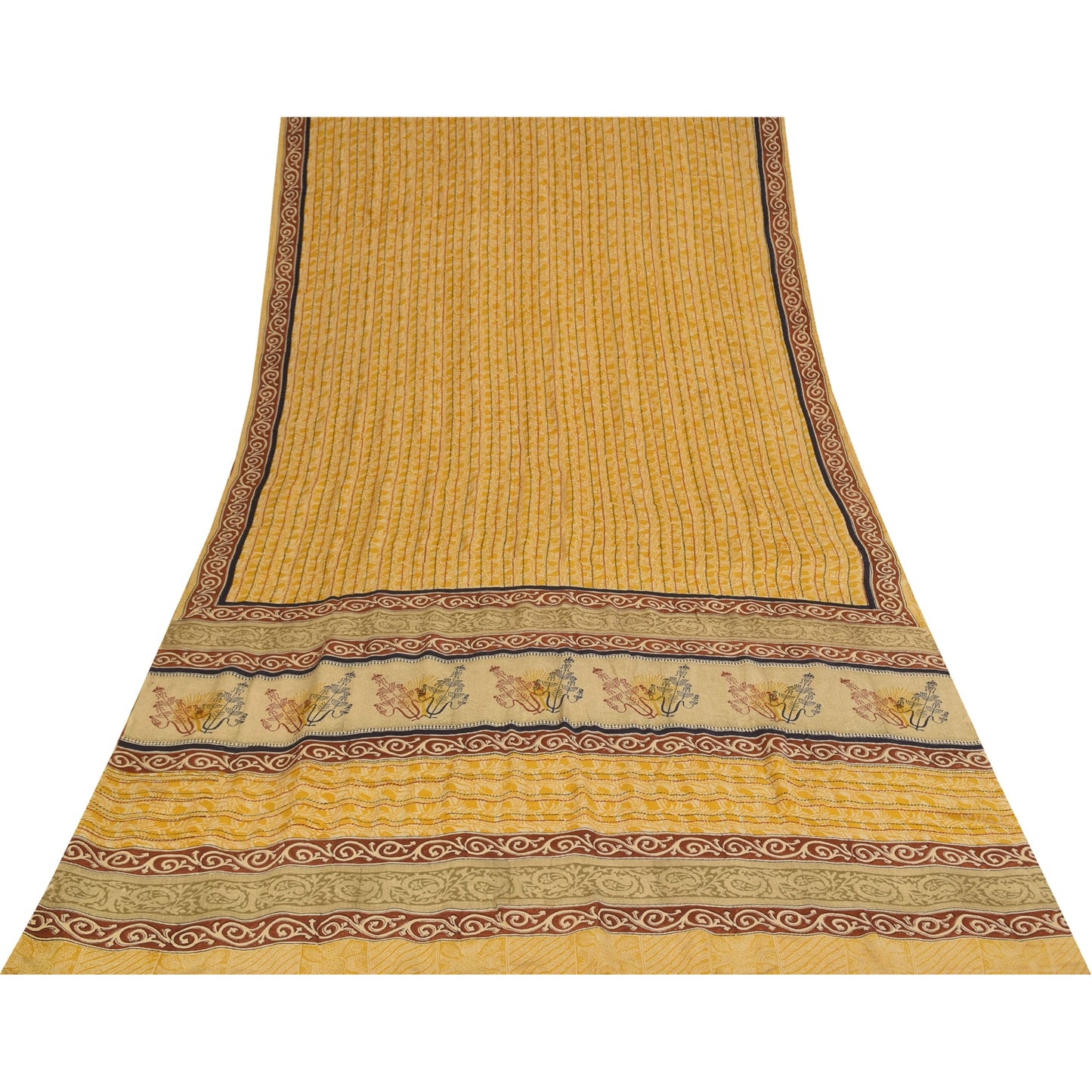 Sanskriti Vintage Saree Yellow Pure Crepe Silk Floral Printed Sari 5.5+Yd Fabric